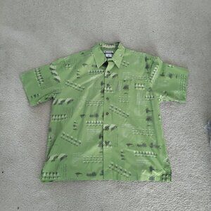 Columbia River Lodge L Mens Green Fishing Lure Print S/S Button Up Shirt VGUC